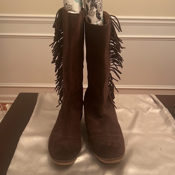 Lucky Brand Grayer Mid Calf Brown Suede Fringe Boots Size 10 - Picture 2 of 5